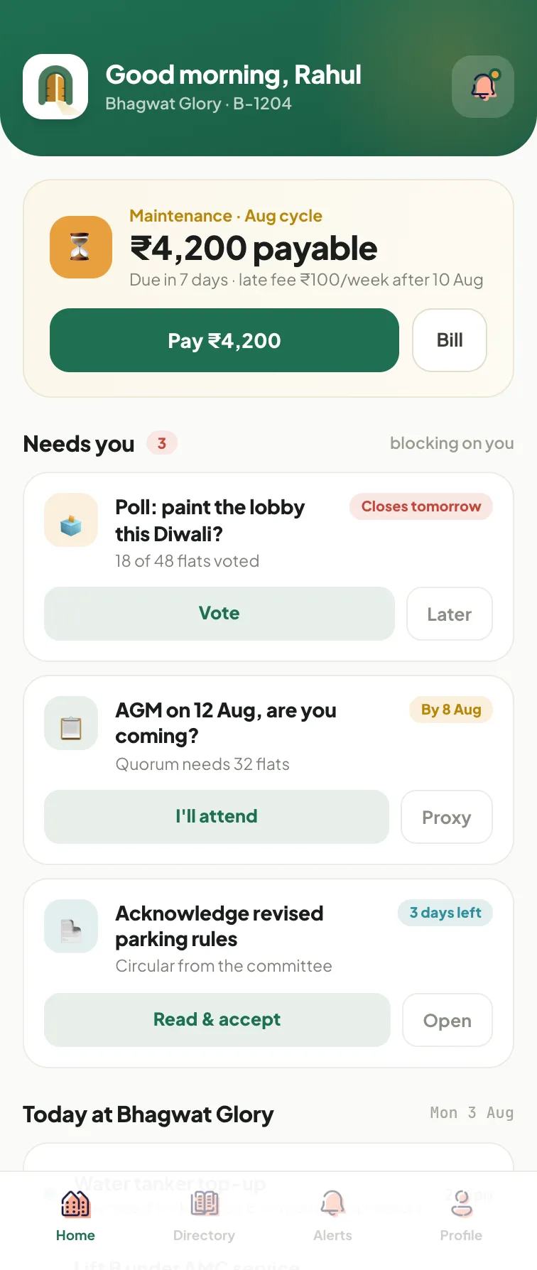 The Nivas home screen: the society's dues collected this month, fund balance, and shortcuts to parking, residents and committee records.